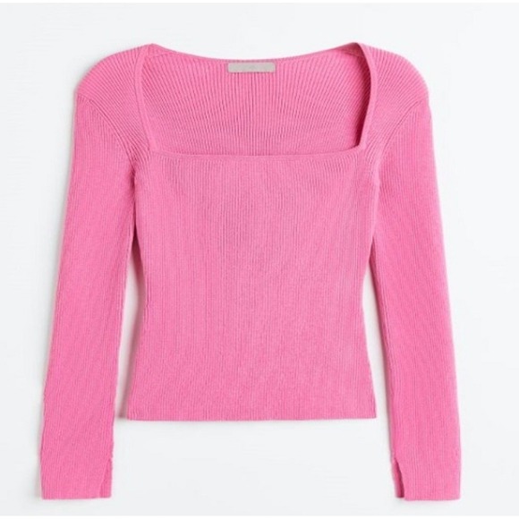 H&M Sweaters - H&M Pink Ribbed Square Neck Sweater Long Sleeve Knit Top Womens